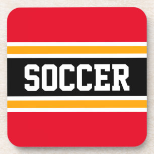 SOCCER Sporty Red Orange Black Racing Stripes Beverage Coaster