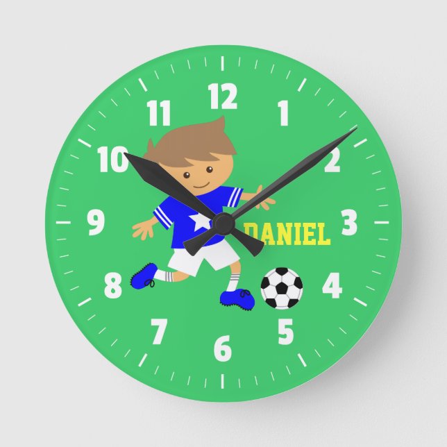 Soccer Star Boy, Football Theme for Boys bedroom Round Clock (Front)