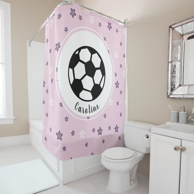 Soccer Star Girls Personalized Cute Pink Pattern Shower Curtain (In Situ)