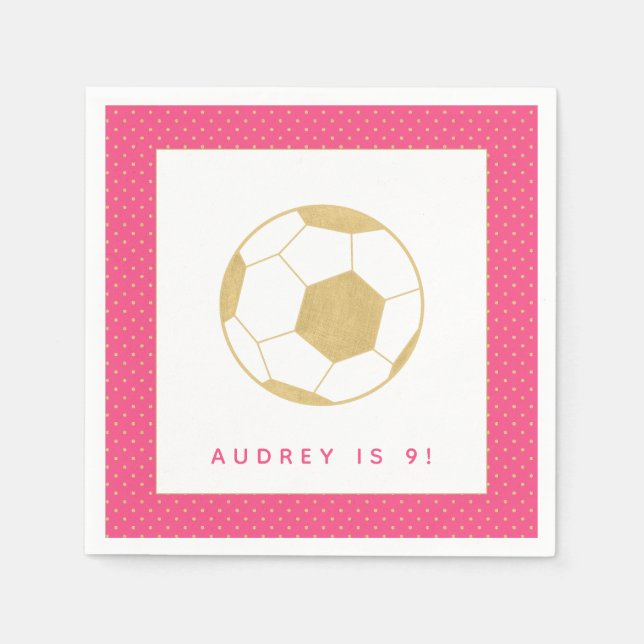 Soccer Star Pink and Gold Personalized Party Napkins (Front)
