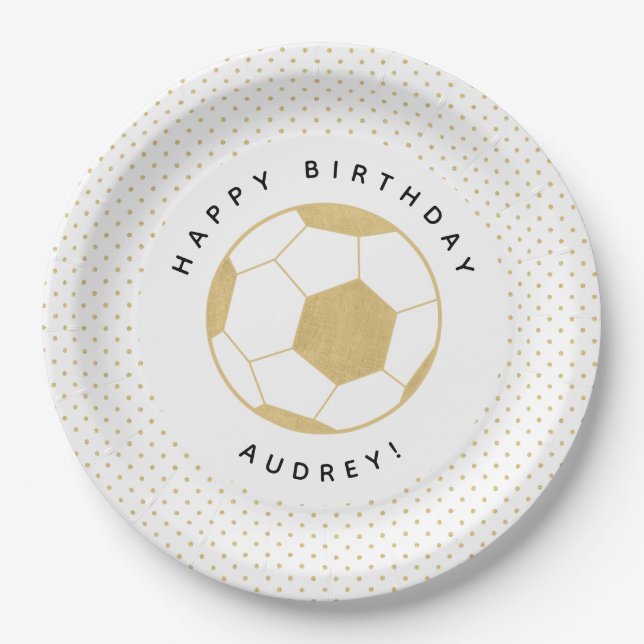 Soccer Star Sports Celebration in Gold and White Paper Plates (Front)