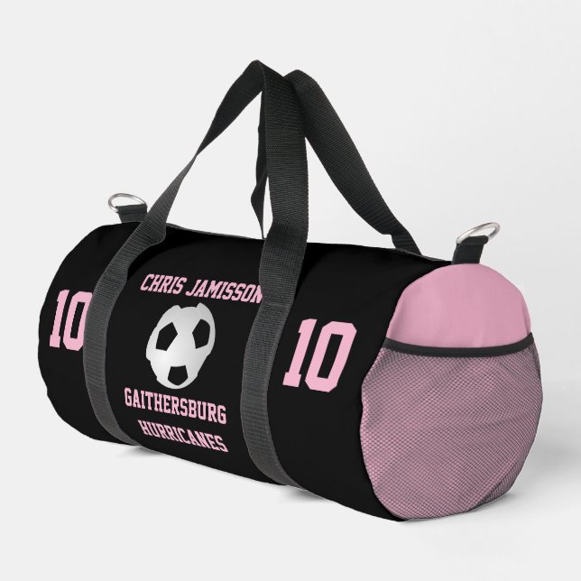 Soccer Team Coach or Player Black Pink Personalize Duffle Bag (Right Corner)