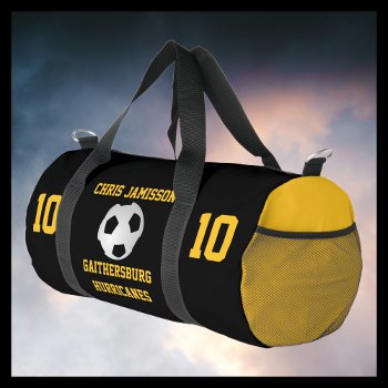 Soccer Team  Coach Player Black Gold Personalize Duffle Bag by SocolikCardShop at Zazzle