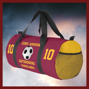 Soccer Team Coach Player Maroon Gold Personalize Duffle Bag by SocolikCardShop at Zazzle