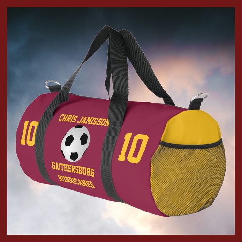 Soccer Team Coach Player Maroon Gold Personalize Duffle Bag