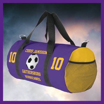 Soccer Team  Coach  Player Purple Gold Personalize Duffle Bag by SocolikCardShop at Zazzle