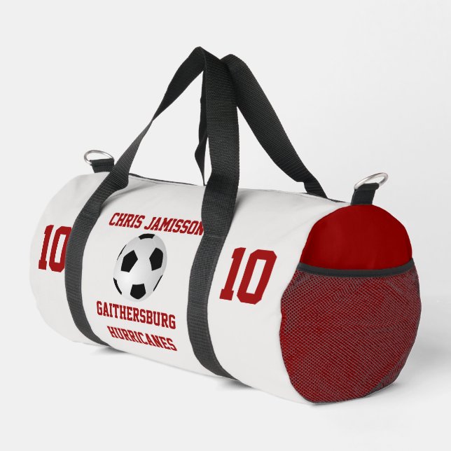 Soccer Team Coach Player White Crimson Personalize Duffle Bag (Right Corner)