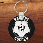 Soccer Team Name and Player Number Custom Keychain<br><div class="desc">Create your own customized keychains for soccer players and teams! Just click to personalize the template, and type in your own soccer team name and player jersey numbers. You can even change the background color - currently set on black - to your own team colors. These are a great way...</div>