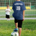 Soccer Team, Player Name & Jersey Number Custom T-Shirt<br><div class="desc">Create your own personalized boys' soccer (football) t-shirt by typing in your team (or school) name on the front, and player name and jersey number on the back. You can also delete the placeholder text and leave text boxes on the back blank if you prefer. The color of the shirt,...</div>
