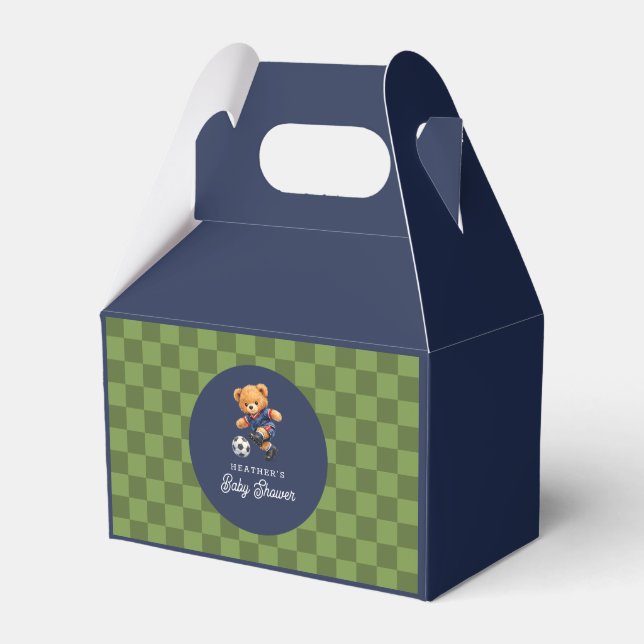 Soccer Teddy Bear Baby Shower Checkboard Favor Boxes (Front Side)