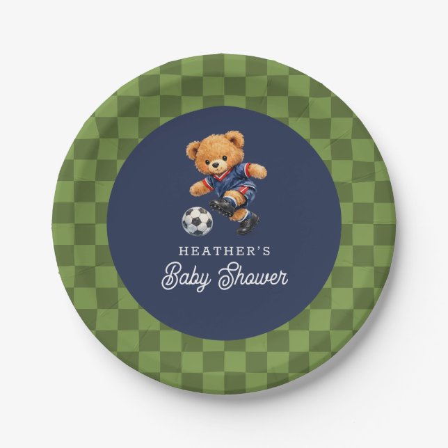 Soccer Teddy Beary Checkboard Retro Baby Shower Paper Plates (Front)