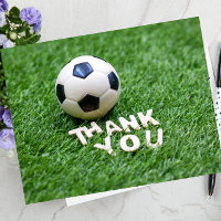 Soccer Thank you card with football on green grass