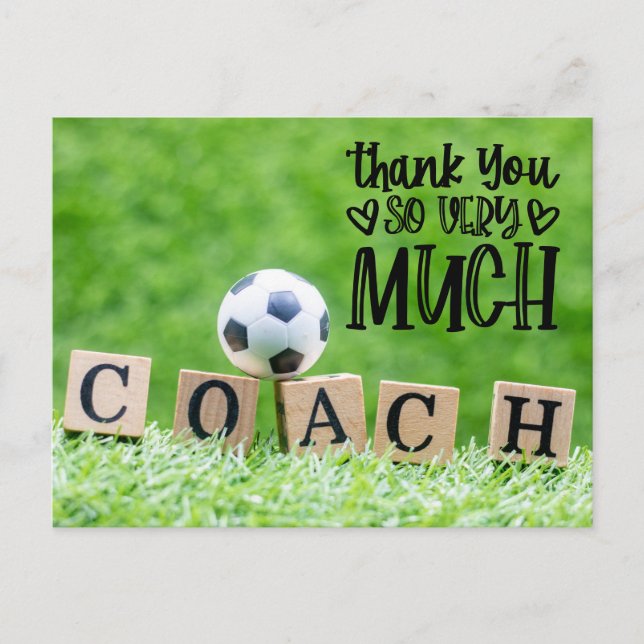 Soccer thank you coach with ball on green postcard (Front)