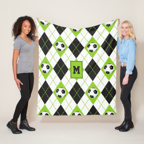 soccer themed lime black white argyle pattern fleece blanket