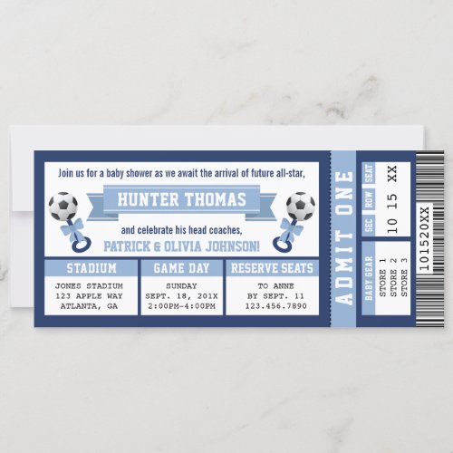 Soccer Ticket Baby Shower Invitation Blue Invitation