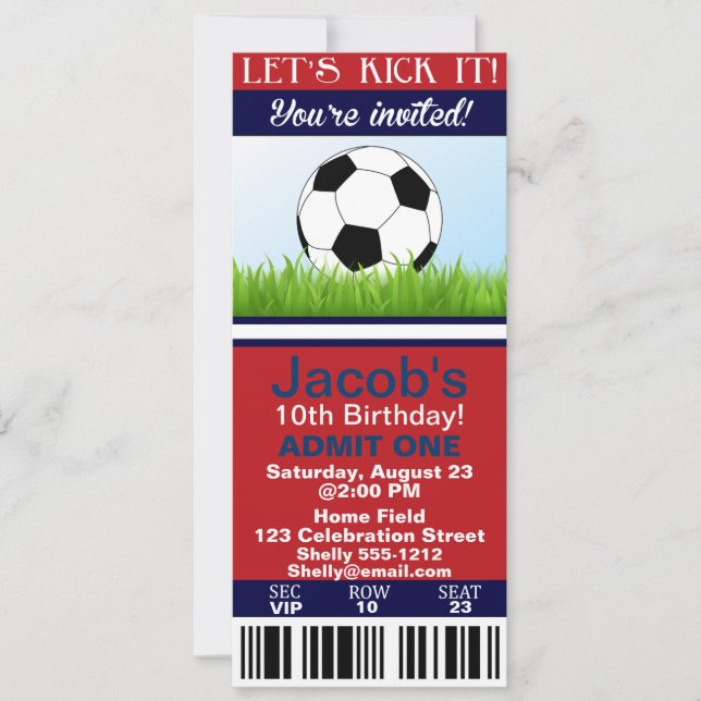 Soccer Ticket birthday invitation customizable (Front)