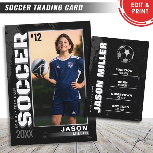 Soccer Trading Card Soccer Player Card Black Gray