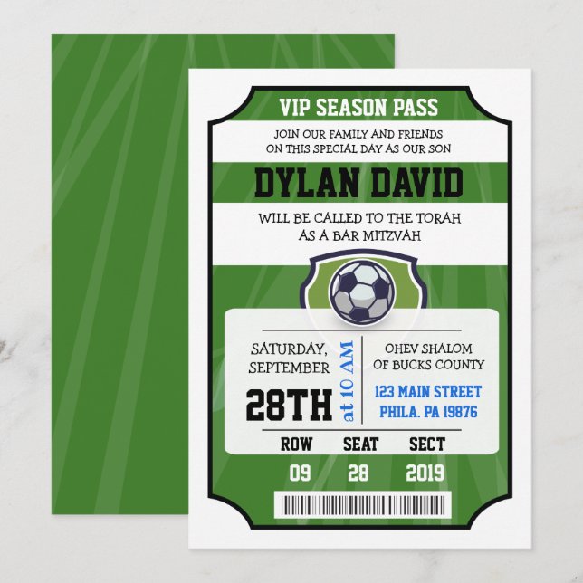 SOCCER VIP TICKET Bar Bat Mitzvah Invitation (Front/Back)