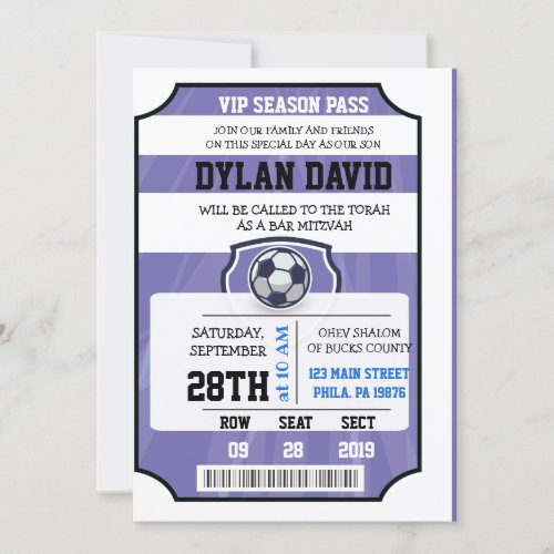 SOCCER VIP TICKET Purple Bat Mitzvah Invitation