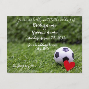Soccer wedding with soccer ball and red heart postcard