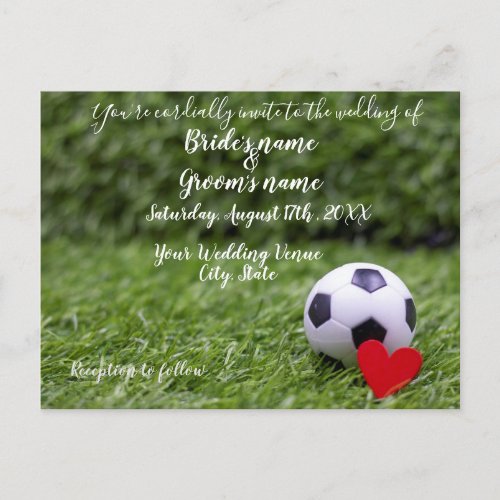 Soccer wedding with soccer ball and red heart  postcard