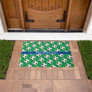 Soccerball Pattern, White Name, Blue & Green Doormat