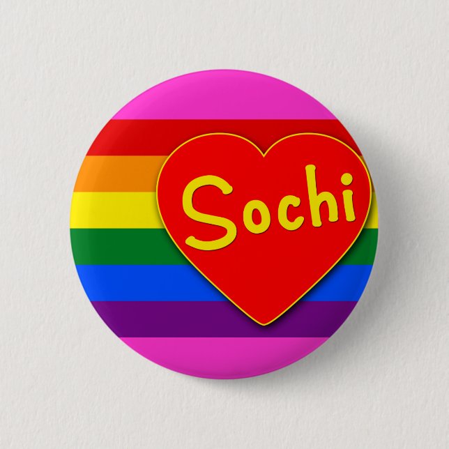 Sochi with Heart and Gay Pride Flag Rainbow Pinback Button (Front)