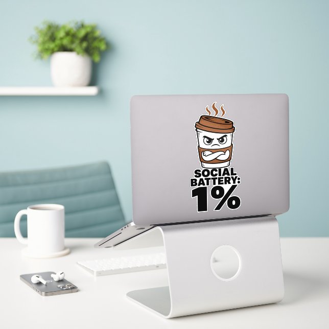 Social Battery 1% Funny Introvert Sticker (Laptop On Desk)