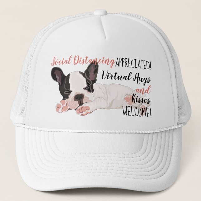 Social Distancing Boston Terrier Puppy Virtual Hug Trucker Hat (Front)