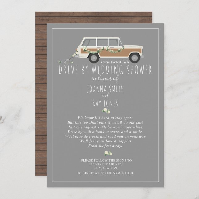 Social Distancing Drive By Wedding Shower Gray Invitation (Front/Back)