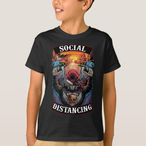 Social Distancing Mens Motorcycle Biker Skull T_Shirt