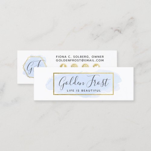 Social Influencer Light Blue Watercolor  Gold Mini Business Card