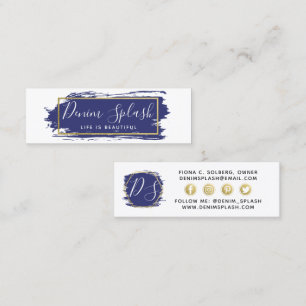 Social Influencer Navy Blue & Gold Paint Stroke Mini Business Card