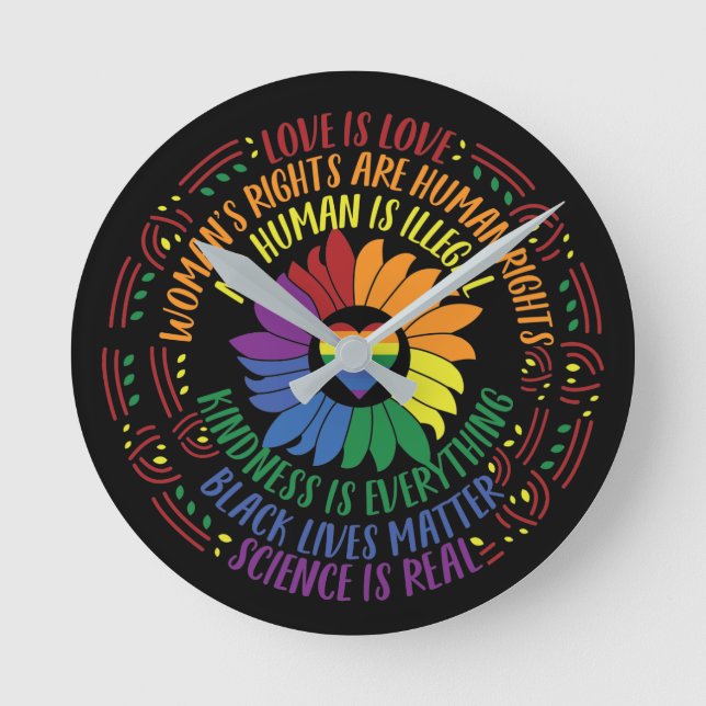 Social Justice Rainbow Colors Word Art Round Clock (Front)