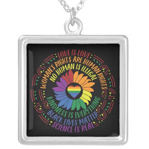 Social Justice Rainbow Colors Word Art  Silver Plated Necklace