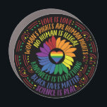 Social Justice Word Art Car Magnet<br><div class="desc">Colorful word art design gives a shout out to a variety of social justice movements including Black Lives Matter,  Science is Real,  Love is Love,  Women's Rights are Human Rights,  and more. Black background with center rainbow heart and sunflower</div>