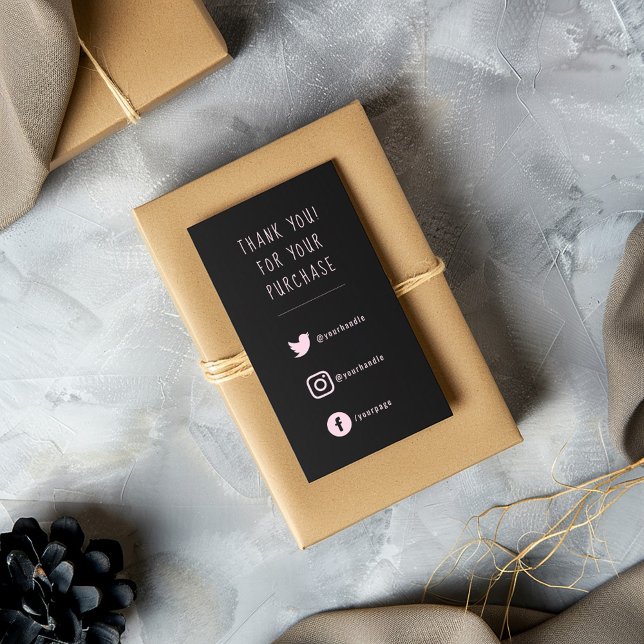 Social Links, pink and black order thank you Enclosure Card (Pink on black fun text social media enclosure card to say thank you to your customers)
