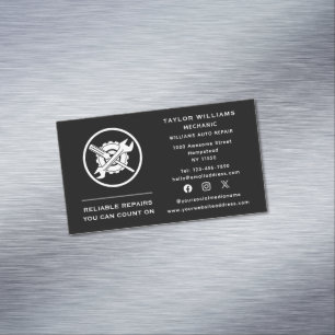 Social Media Black And White Wrench Auto Repair Business Card Magnet