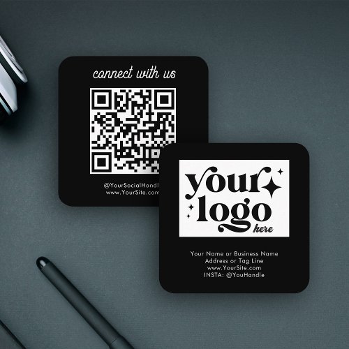 Social Media Business Logo QR Code Black Simple Square Business Card