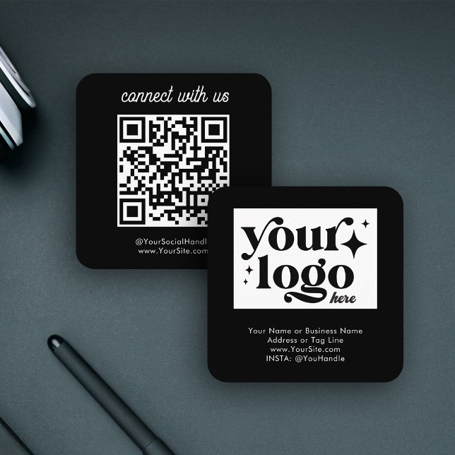 Social Media Business Logo QR Code Black Simple Square Business Card (Creator Uploaded)