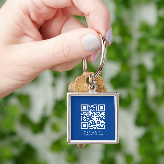 Social Media Business Logo QR Code Boutique Blue Keychain (Hand)