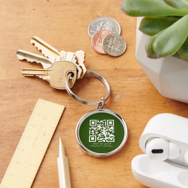 Social Media Business Logo QR Code Green Keychain (Desk)