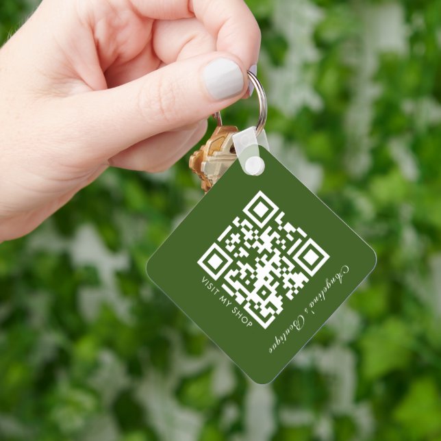 Social Media Business Logo QR Code Green Stripes Keychain (Hand)