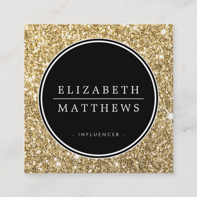 SOCIAL MEDIA circle border black chic gold glitter Square Business Card (Front)