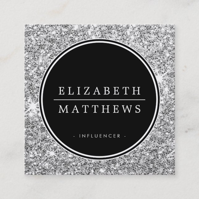 SOCIAL MEDIA circle border black silver glitter Square Business Card (Front)