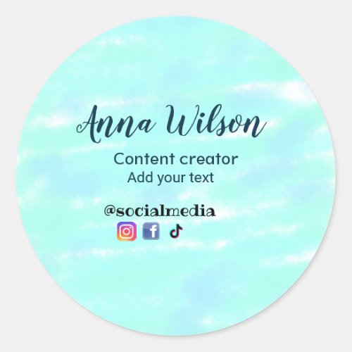 Social media content creator blue green add name t classic round sticker