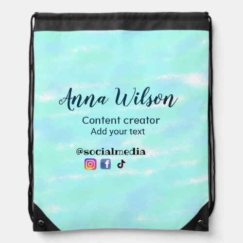 Social media content creator blue green add name t drawstring bag