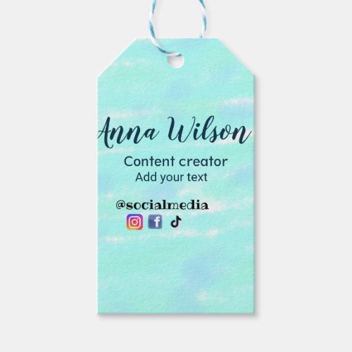 Social media content creator blue green add name t gift tags