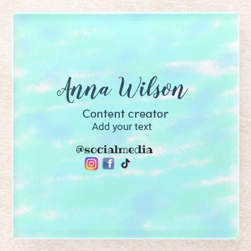 Social media content creator blue green add name t glass coaster