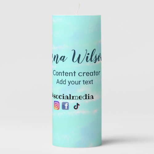 Social media content creator blue green add name t pillar candle